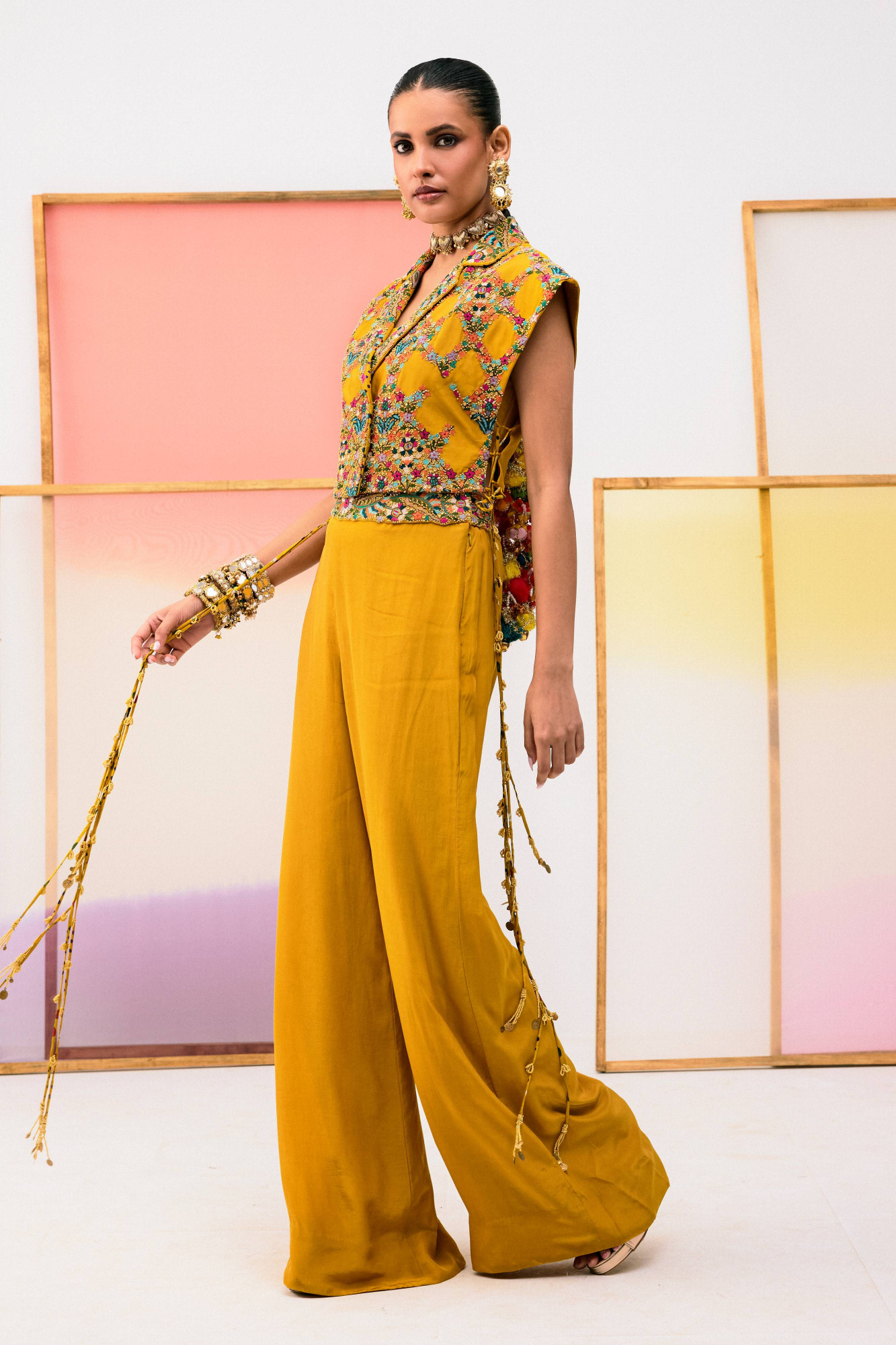 MUSTARD PANT,BUSTIER AND EMBROIDERED TOP