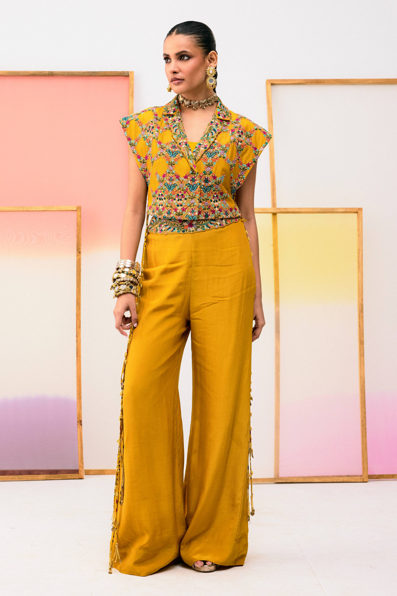 MUSTARD PANT,BUSTIER AND EMBROIDERED TOP