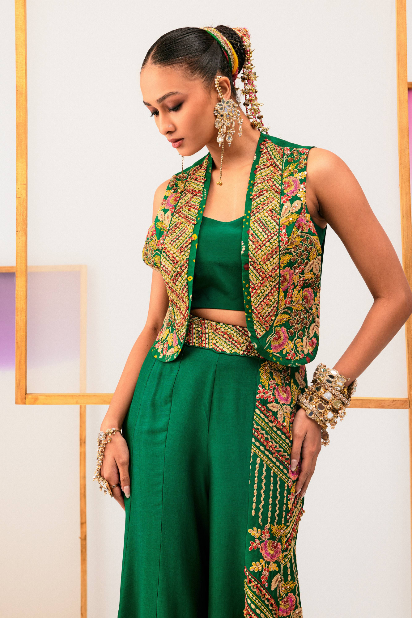 GREEN EMBROIDERED JACKET WITH FLARE PANTS AND BUSTIER
