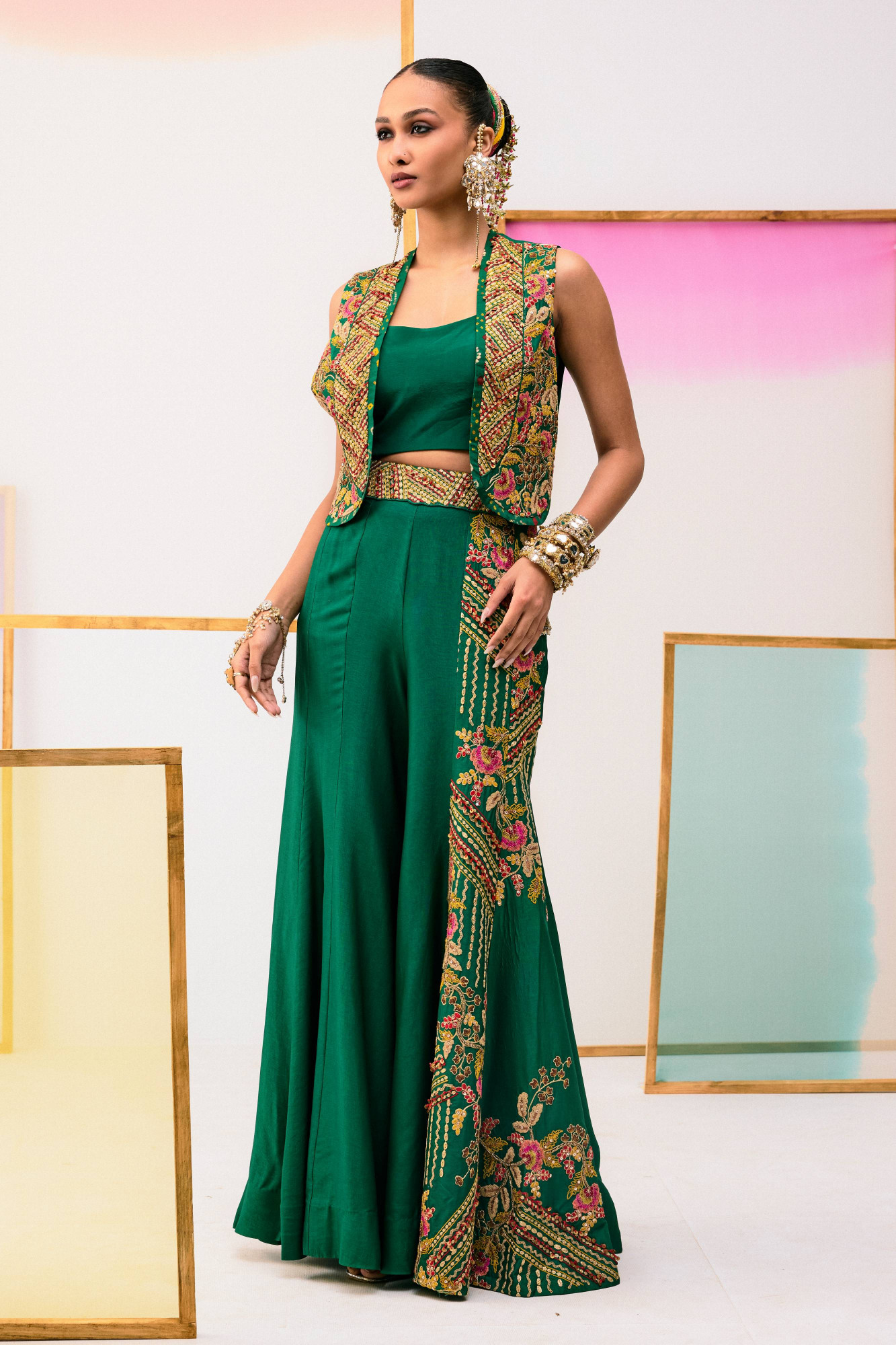 GREEN EMBROIDERED JACKET WITH FLARE PANTS AND BUSTIER