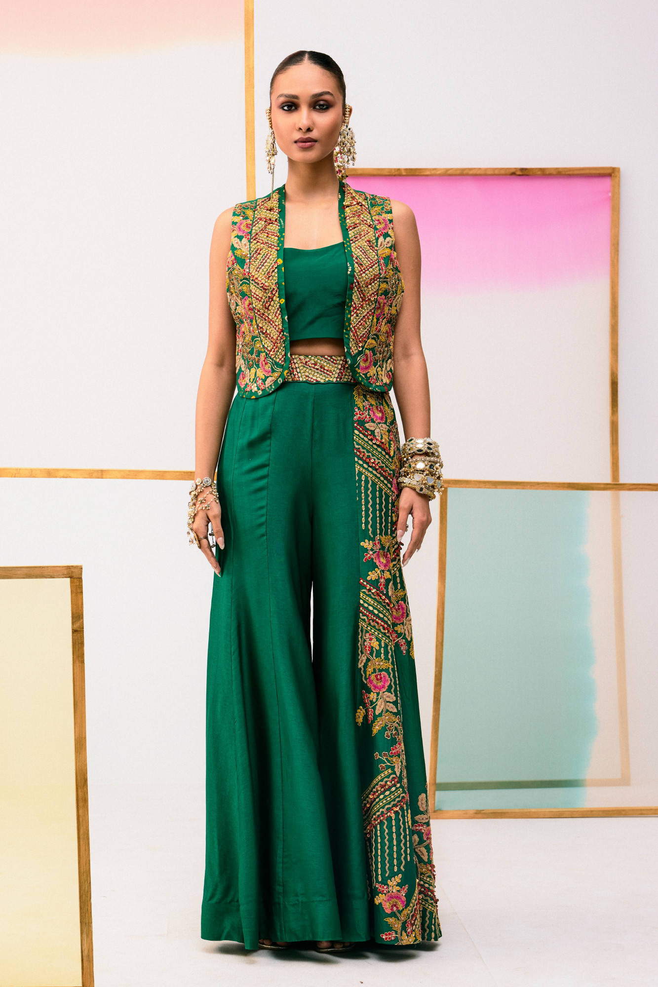 GREEN EMBROIDERED JACKET WITH FLARE PANTS AND BUSTIER