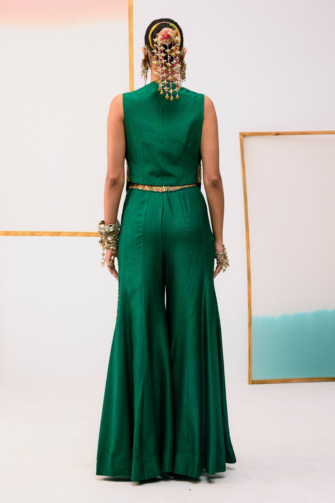 GREEN EMBROIDERED JACKET WITH FLARE PANTS AND BUSTIER