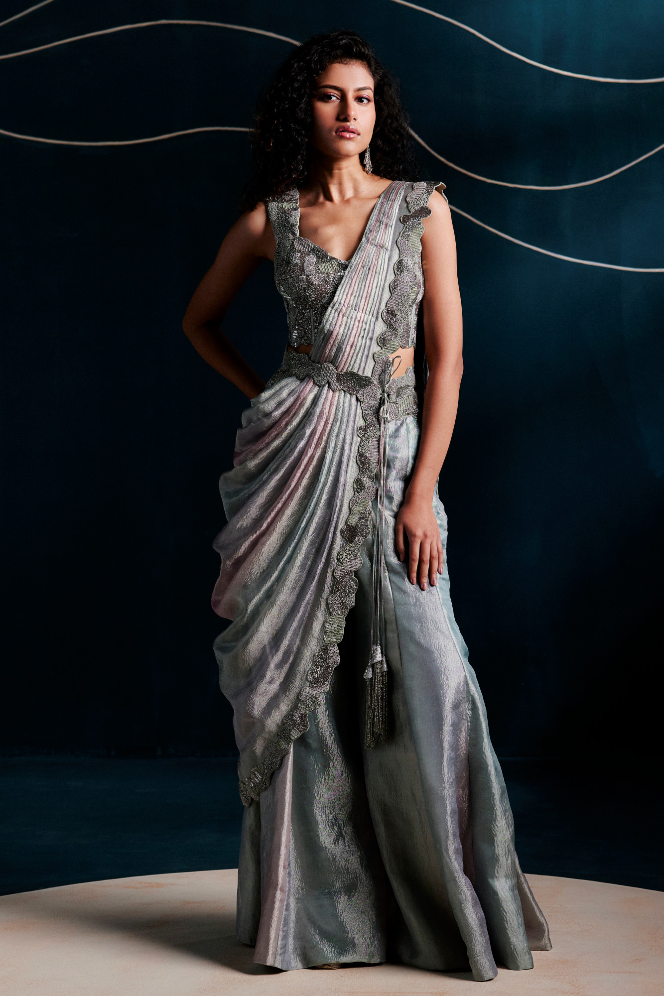 DUSKY BLUE - PINK DRAPE SAREE SET