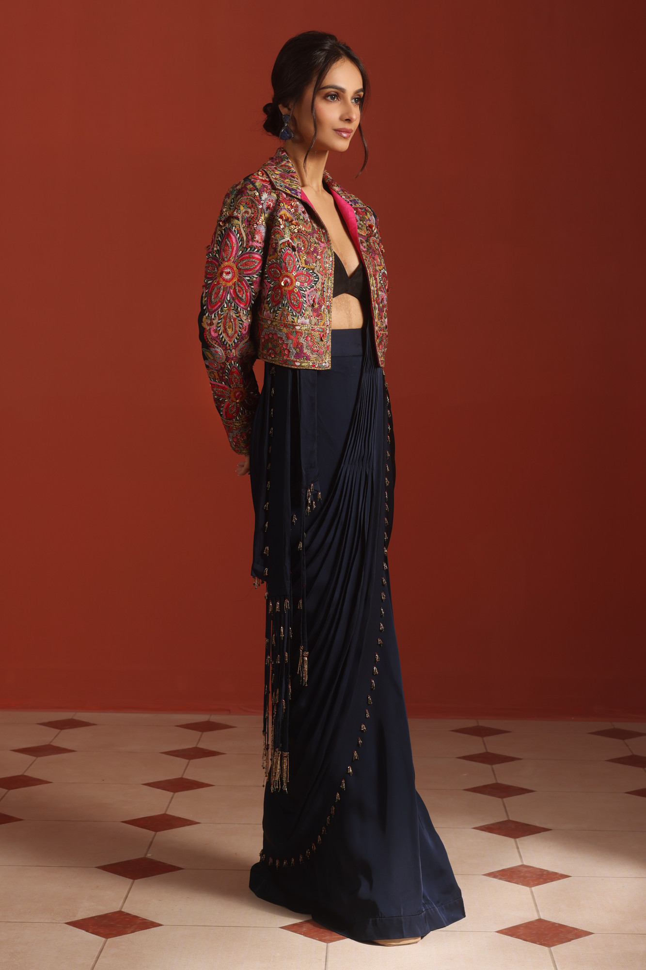 NAVY BLUE DRAPE SAREE WITH JACKET