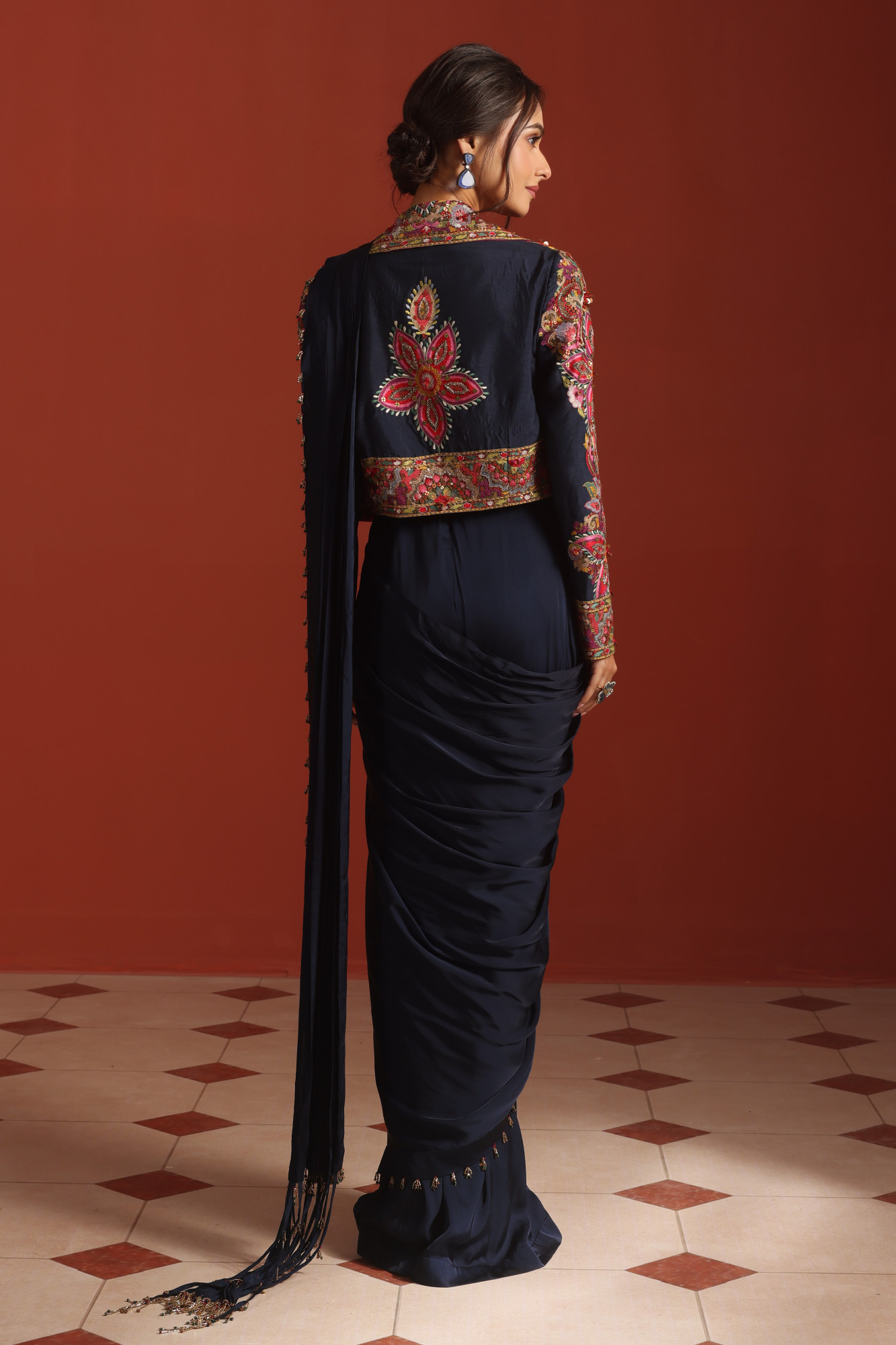 NAVY BLUE DRAPE SAREE WITH JACKET