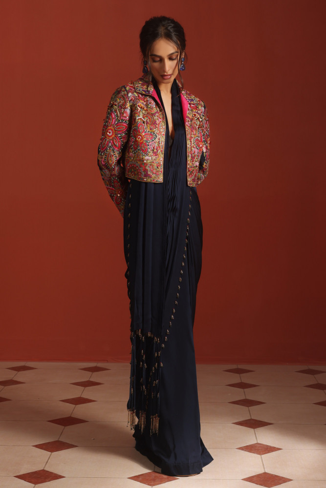 NAVY BLUE DRAPE SAREE WITH JACKET