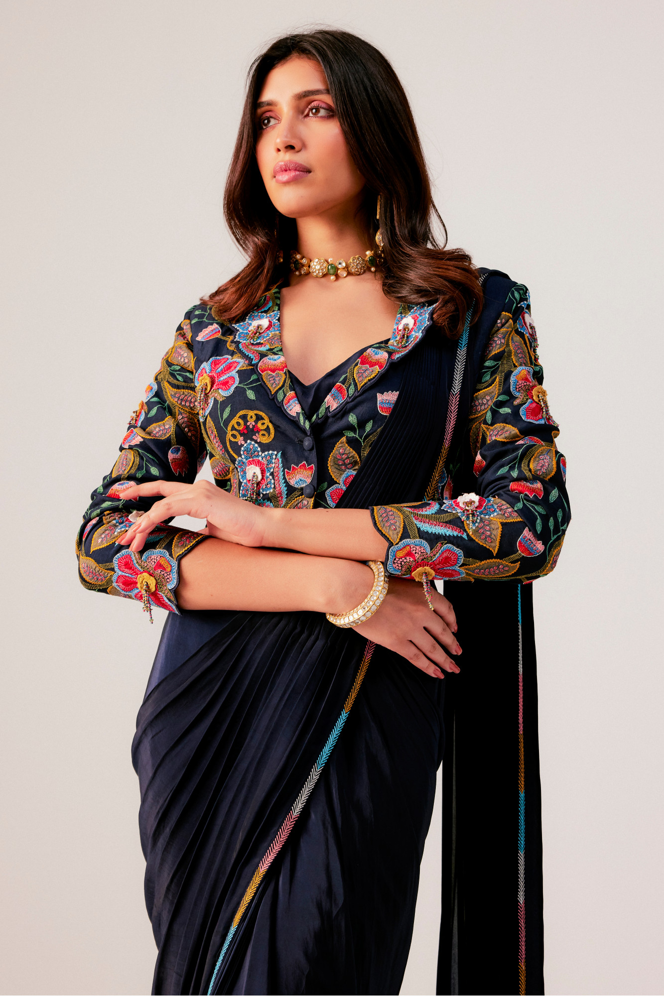 NAVY BLUE DRAPE SAREE SET