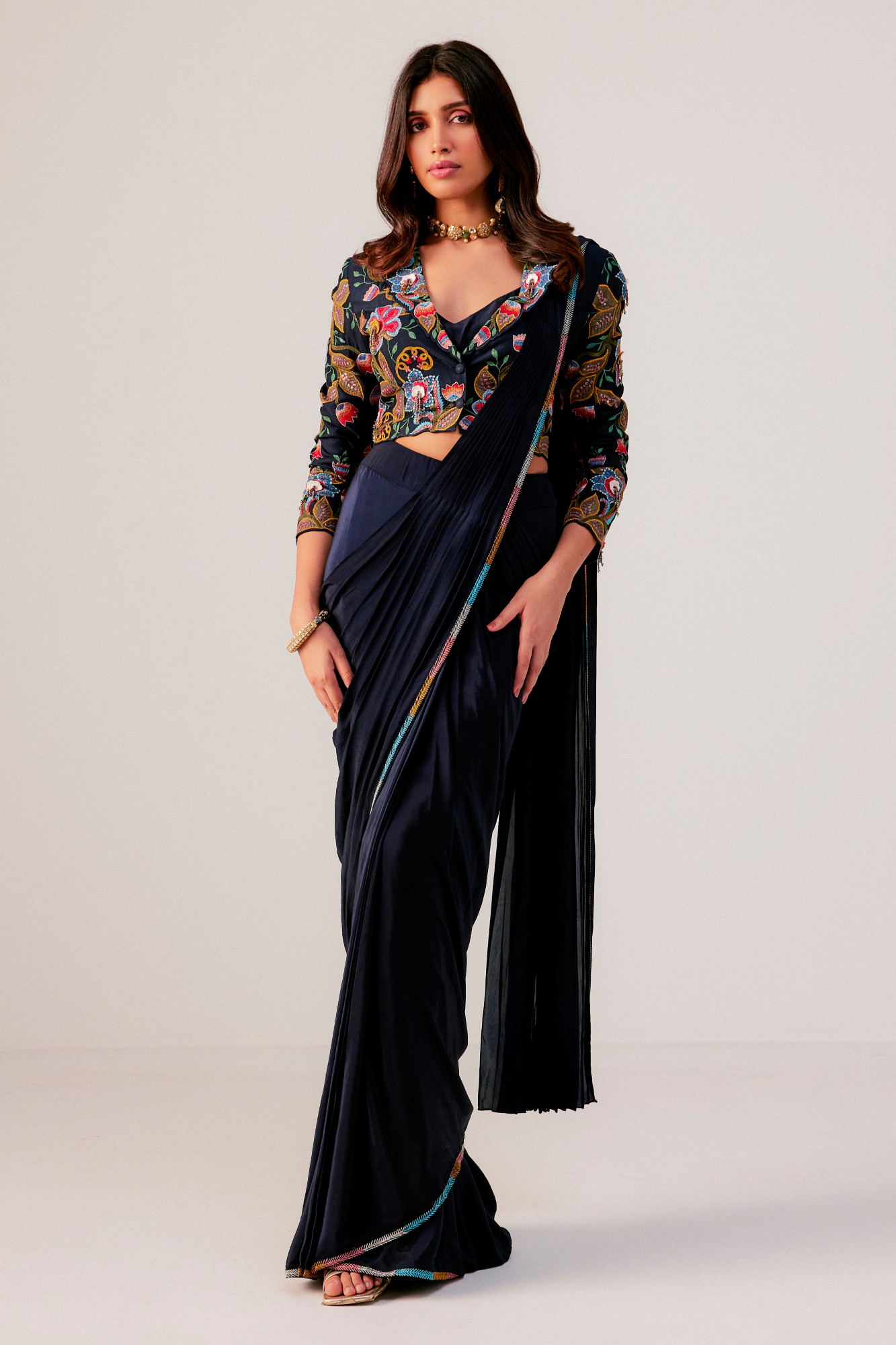 NAVY BLUE DRAPE SAREE SET
