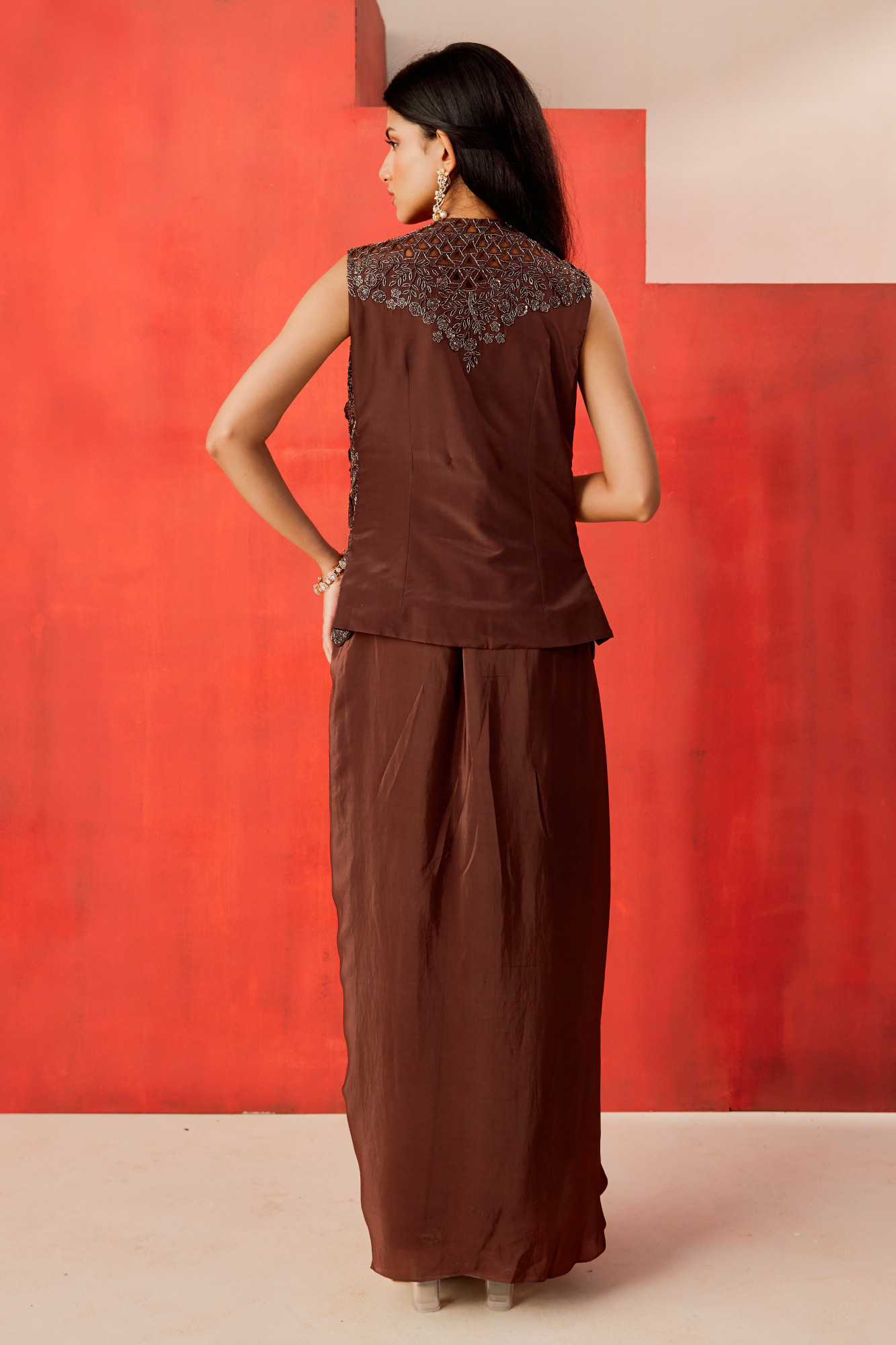 CHOCOLATE BROWN DRAPE SKIRT SET