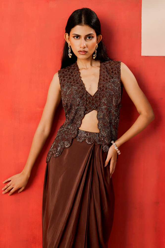 CHOCOLATE BROWN DRAPE SKIRT SET