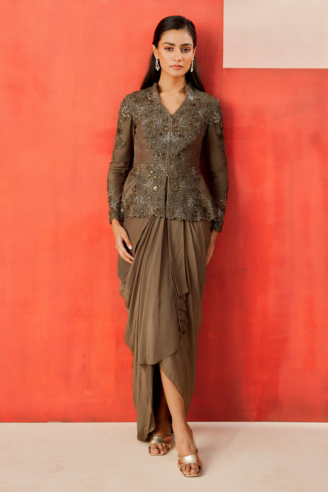 OLIVE GREEN DRAPE SKIRT SET