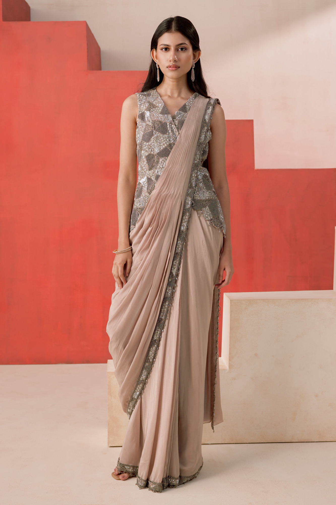 BEIGE DRAPE SAREE SET