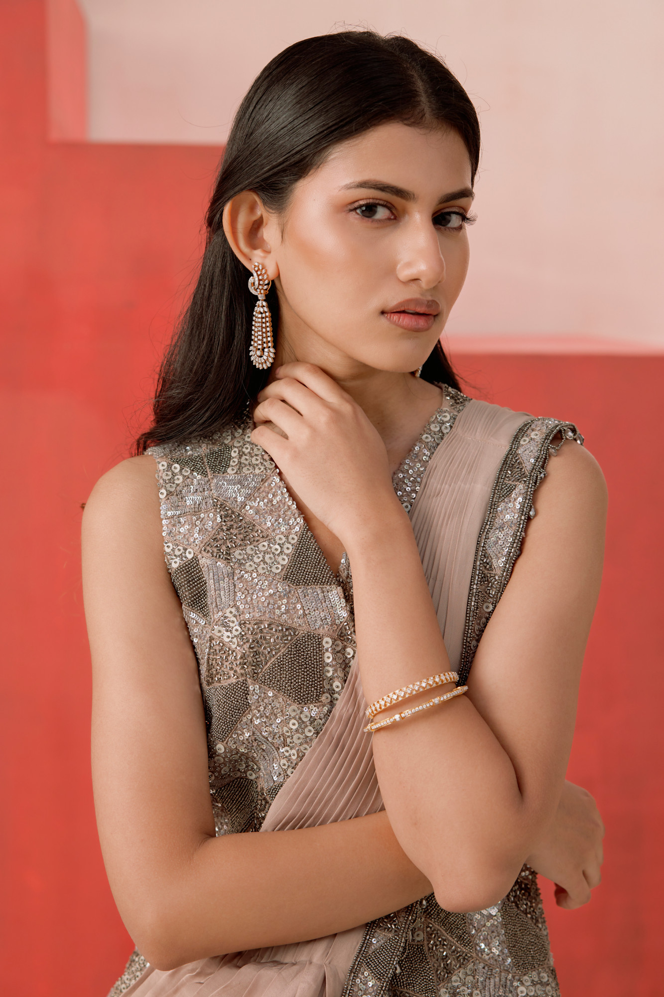 BEIGE DRAPE SAREE SET