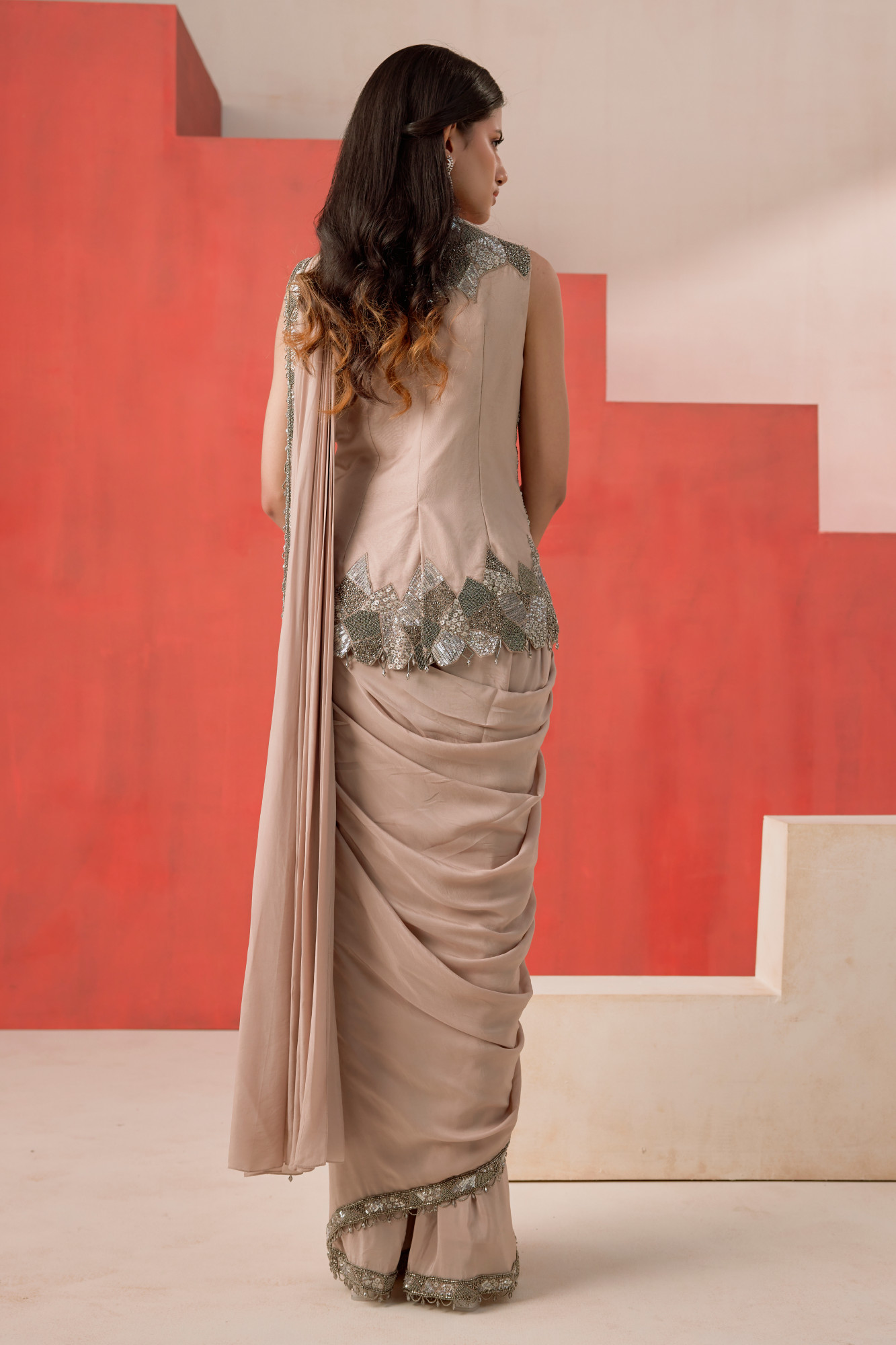 BEIGE DRAPE SAREE SET