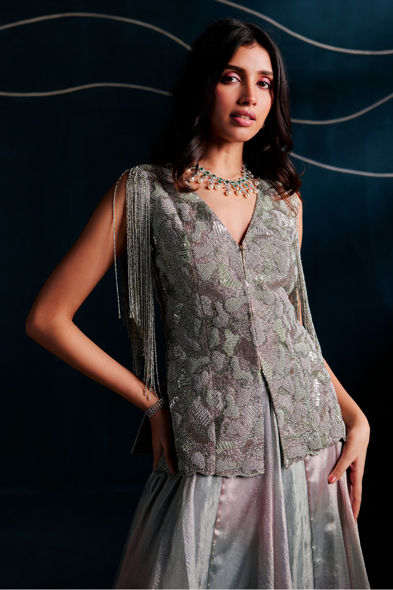 DUSKY BLUE - PINK LEHENGA SET