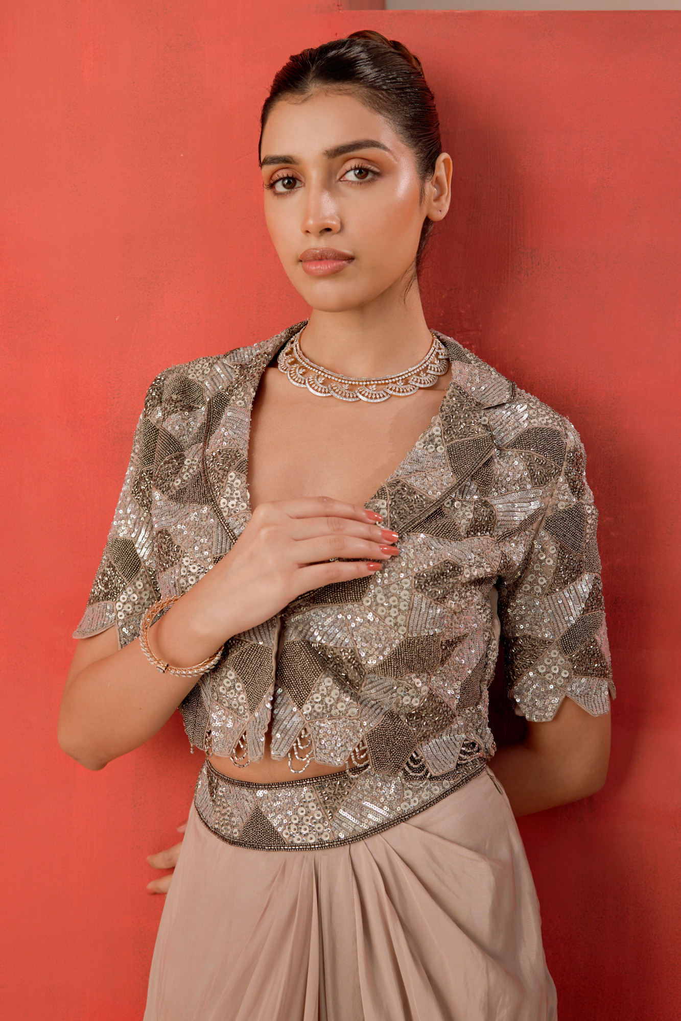 BEIGE DRAPE SKIRT SET