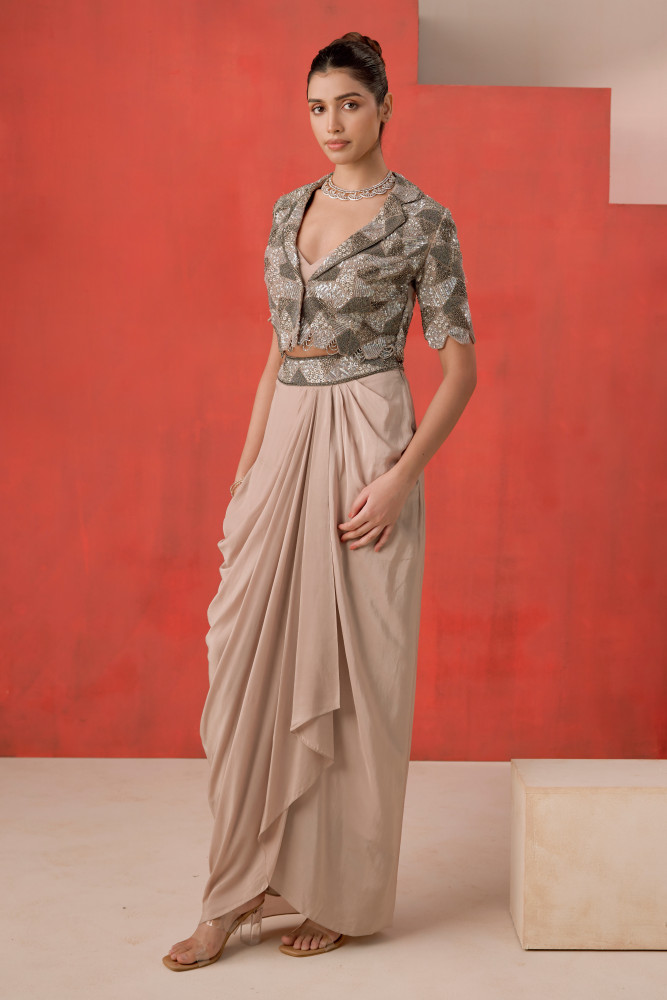 BEIGE DRAPE SKIRT SET