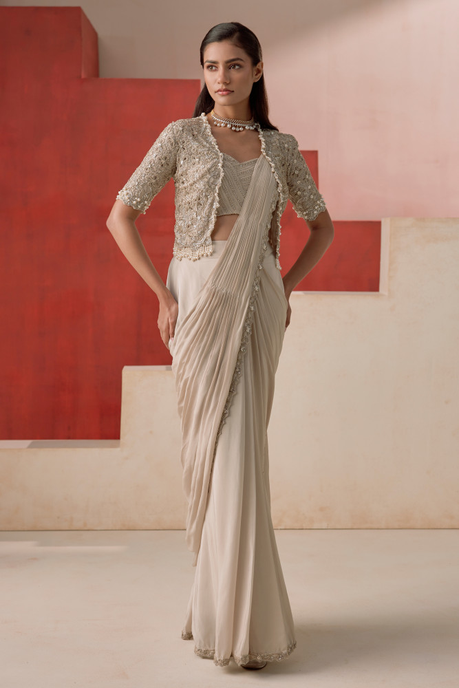 IVORY DRAPE SAREE SET