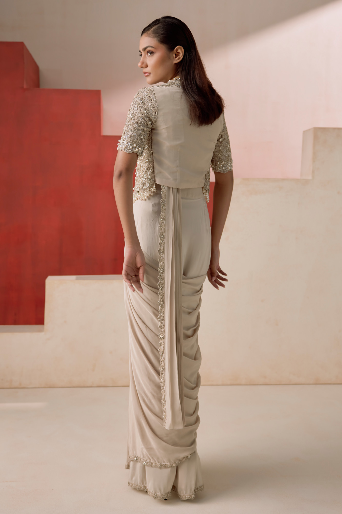 IVORY DRAPE SAREE SET