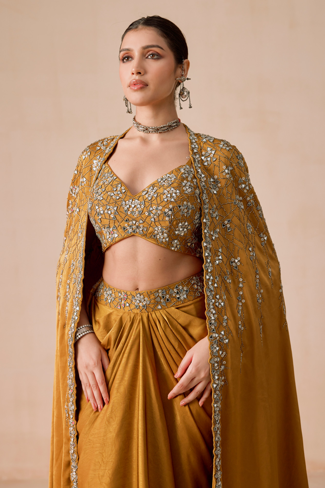 DARK MUSTARD DRAPE SKIRT SET