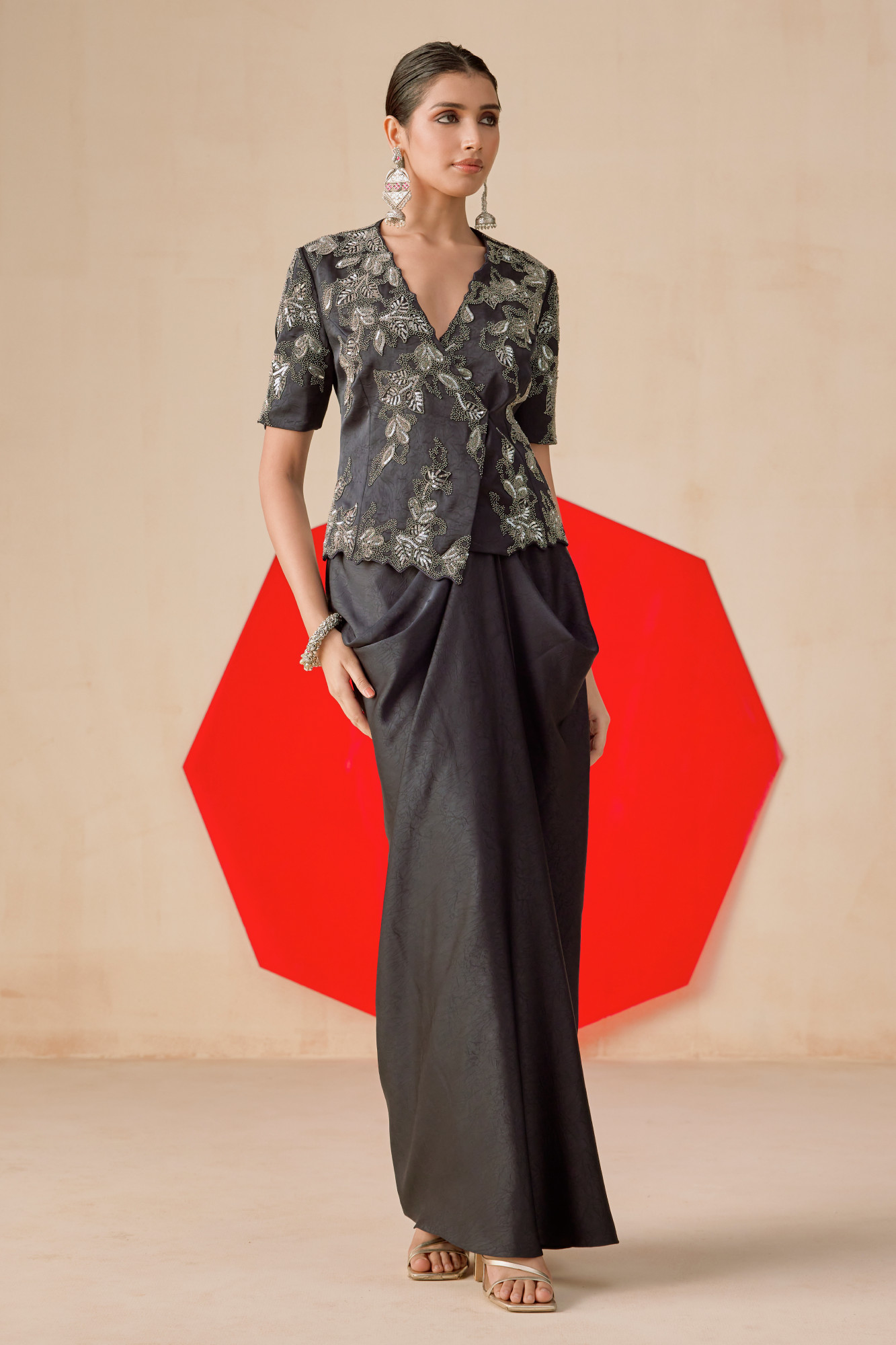 NAVY BLUE DRAPE SKIRT SET