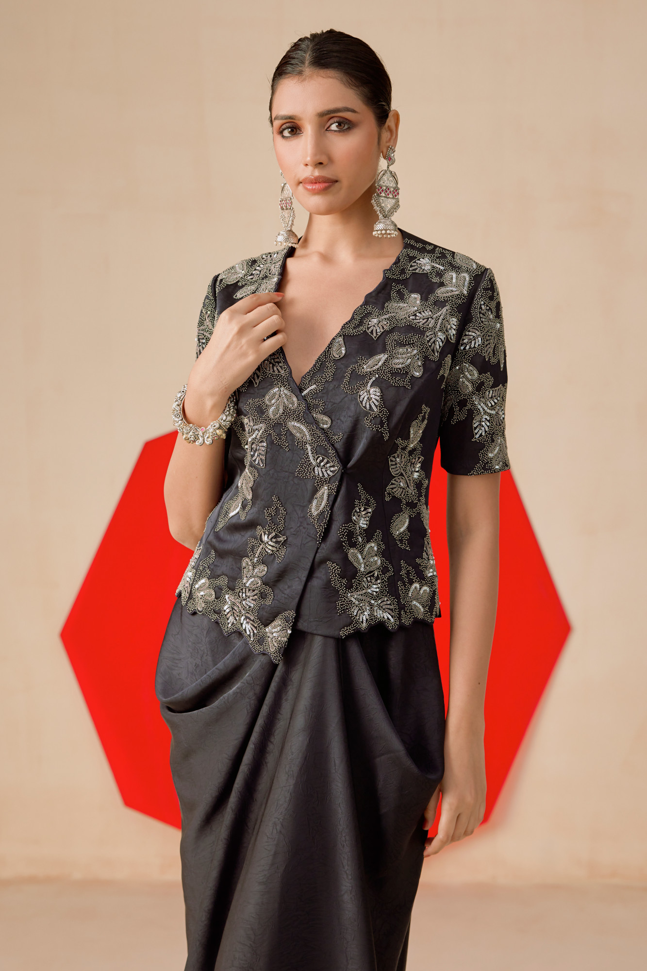 NAVY BLUE DRAPE SKIRT SET