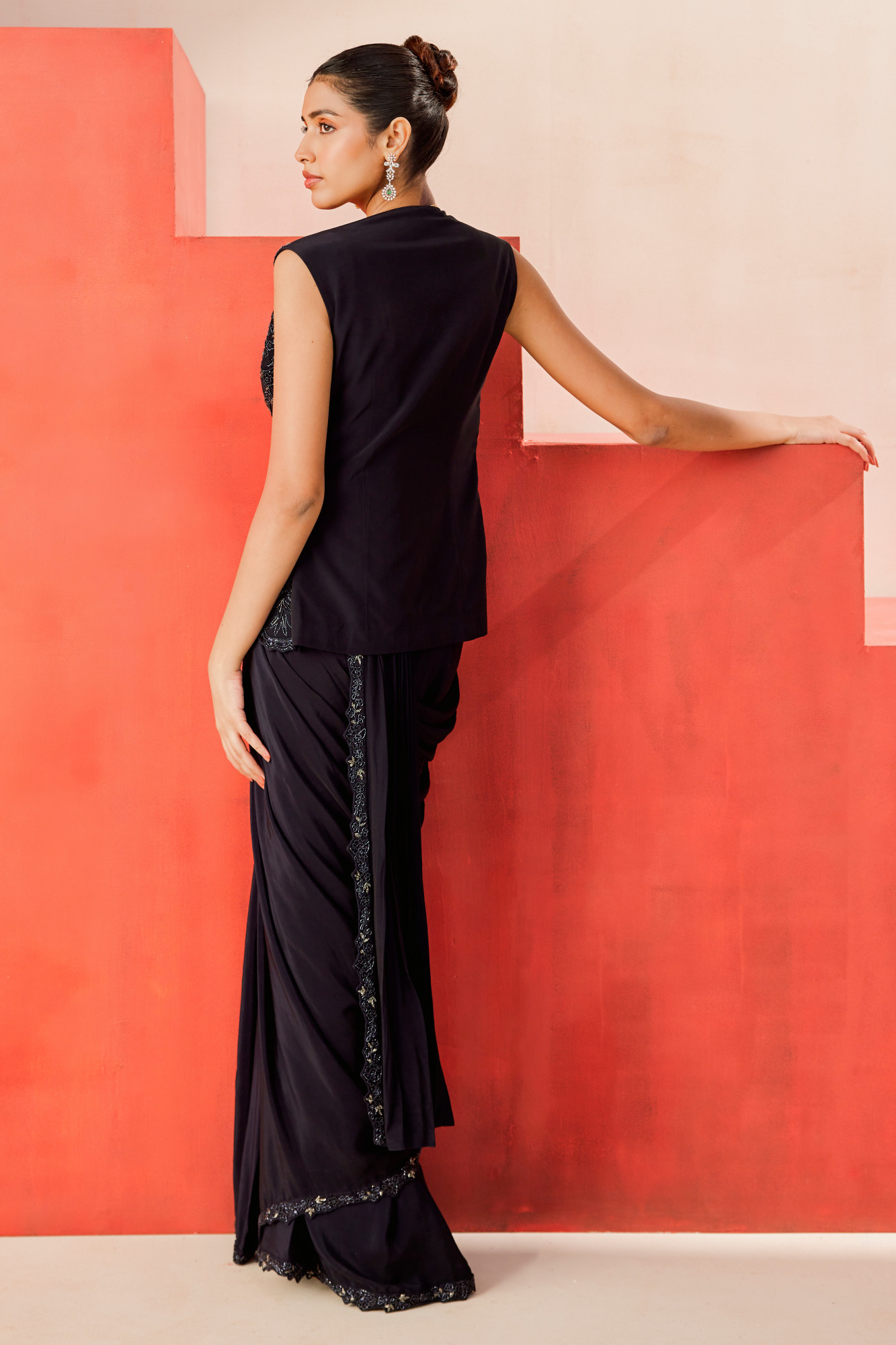 NAVY BLUE DRAPE SAREE SET