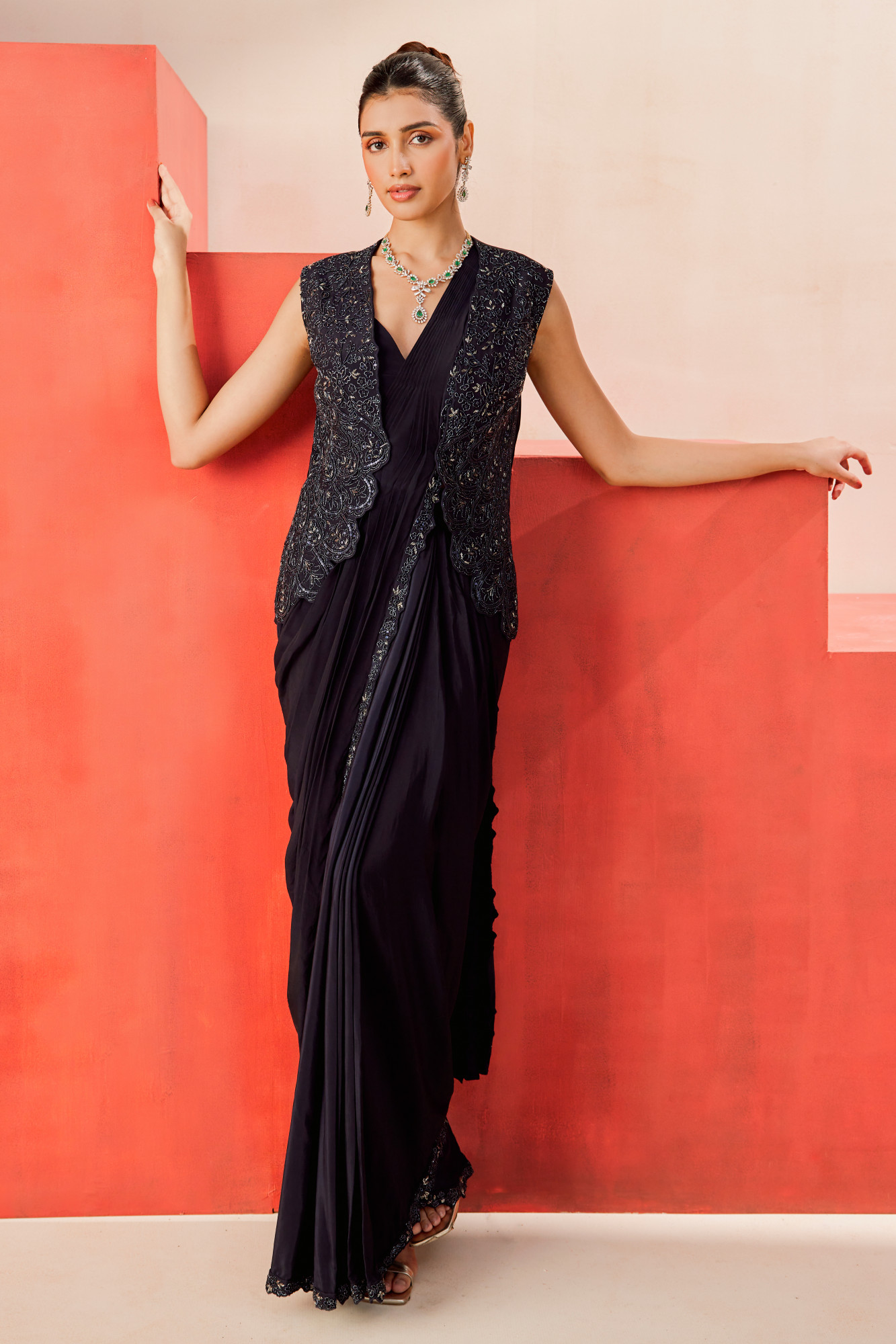 NAVY BLUE DRAPE SAREE SET