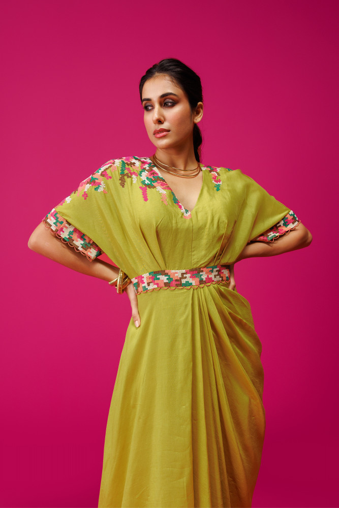 LIME GREEN DRAPE DRESS