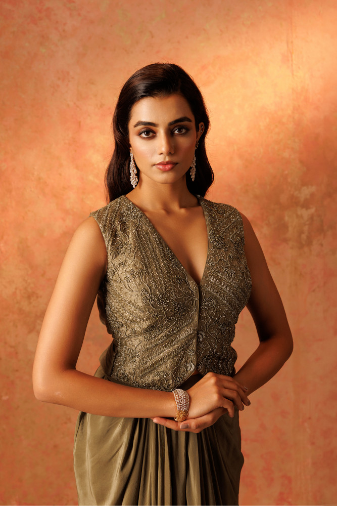 SAP GREEN WAISTCOAT WITH DRAPE SKIRT SET SAP GREEN WAISTCOAT WITH DRAPE SKIRT SET