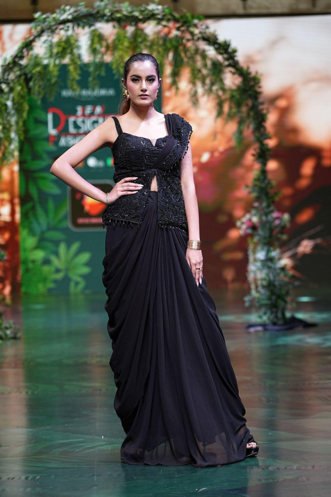 Image of Noir Eclipse Couture Drape Indo Western Set