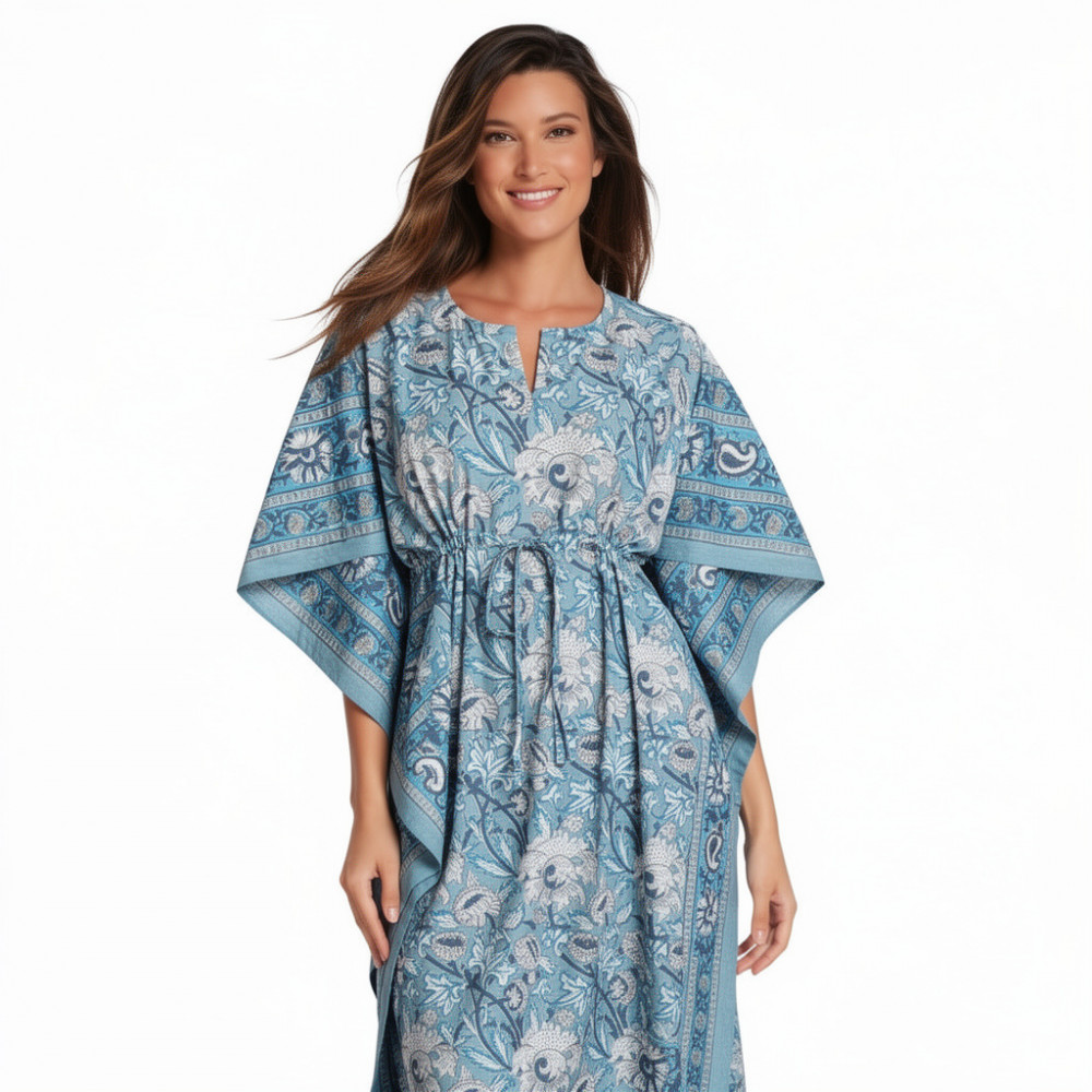 Image of Long Size Kaftan Free Size Indian Block-Printed Loungewear in Soft Cotton Voile | Amarnath Grey Gud 108994