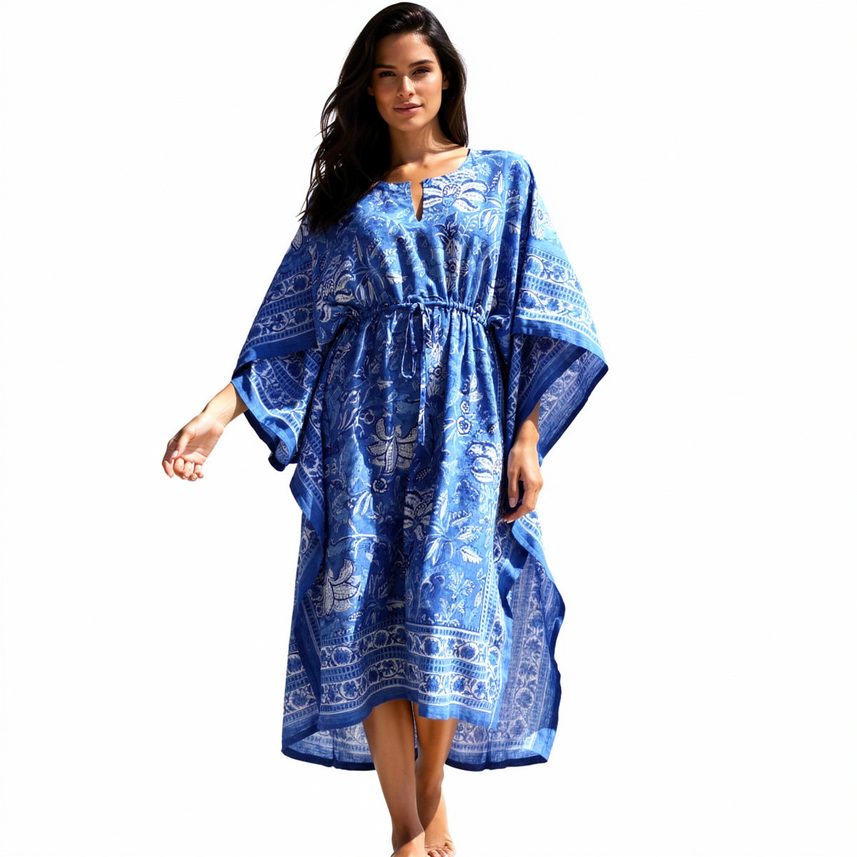 Long Size Kaftan Free Size Indian Block-Printed Loungewear in Soft Cotton Voile Anarkali Blue Gud 106797