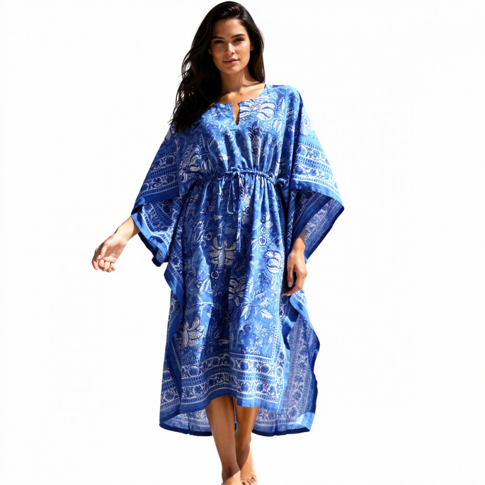 Image of Long Size Kaftan Free Size Indian Block-Printed Loungewear in Soft Cotton Voile | Anarkali Blue Gud 106797