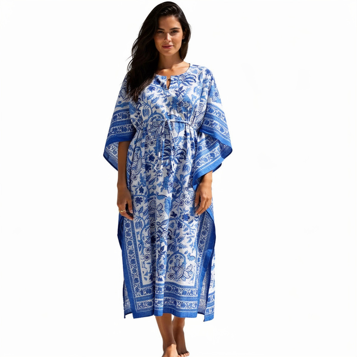 Long Size Kaftan Free Size Indian Block-Printed Loungewear in Soft Cotton Voile Anarkali Blue Open 106795