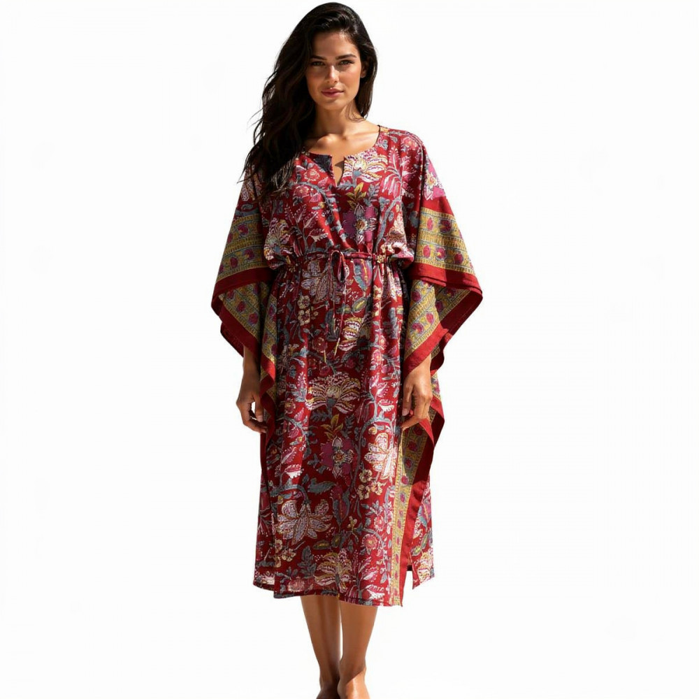 Image of Long Size Kaftan Free Size Indian Block-Printed Loungewear in Soft Cotton Voile | Anarkali Red Gud 201397