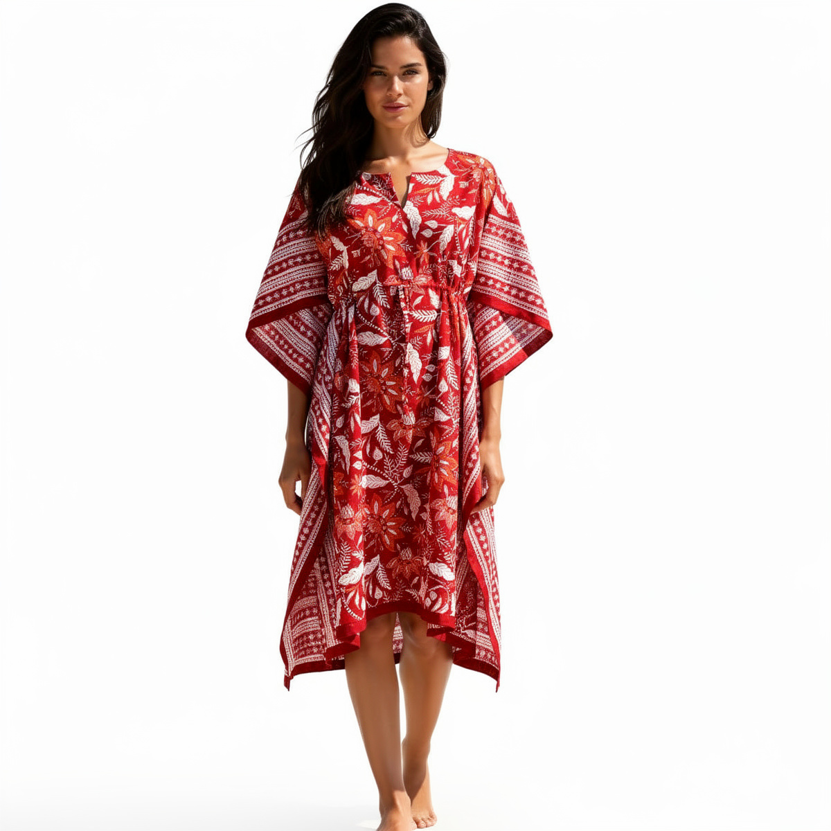 Long Size Kaftan Free Size Indian Block-Printed Loungewear in Soft Cotton Voile Bossanova Red Gud 208858