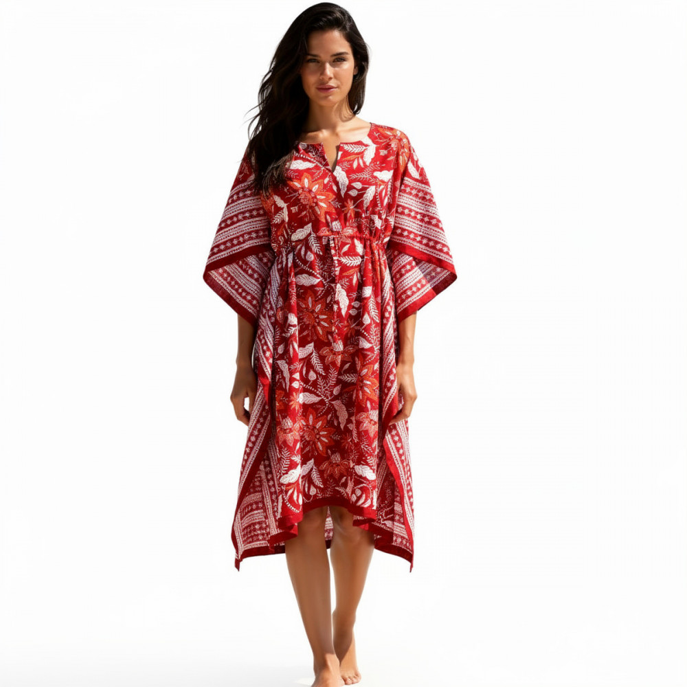 Image of Long Size Kaftan Free Size Indian Block-Printed Loungewear in Soft Cotton Voile | Bossanova Red Gud 208858