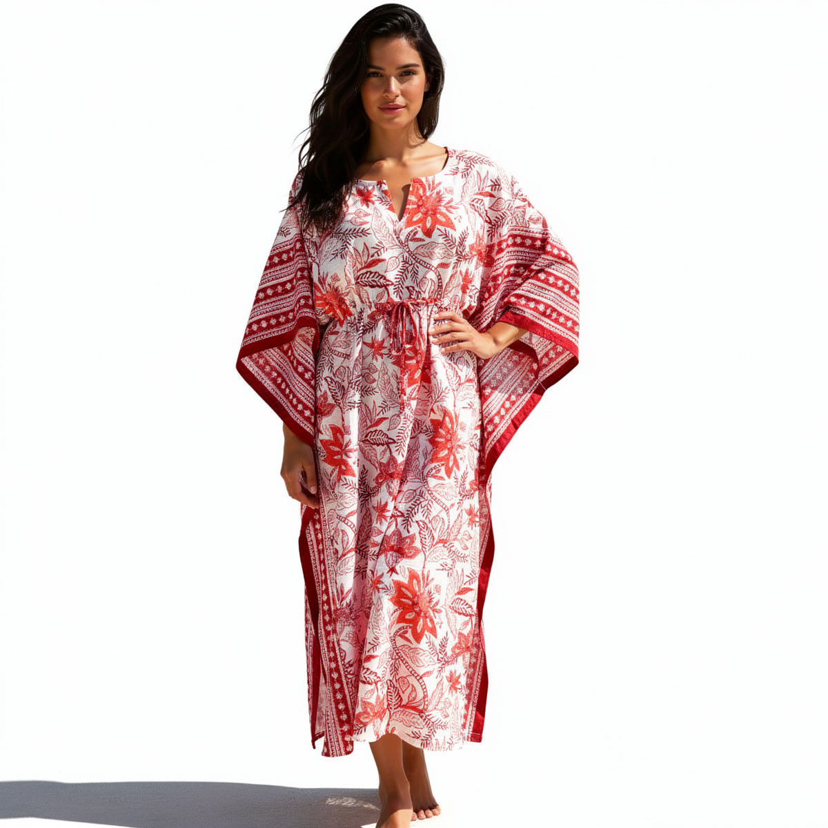 Long Size Kaftan Free Size Indian Block-Printed Loungewear in Soft Cotton Voile Bossanova Red Open 103700