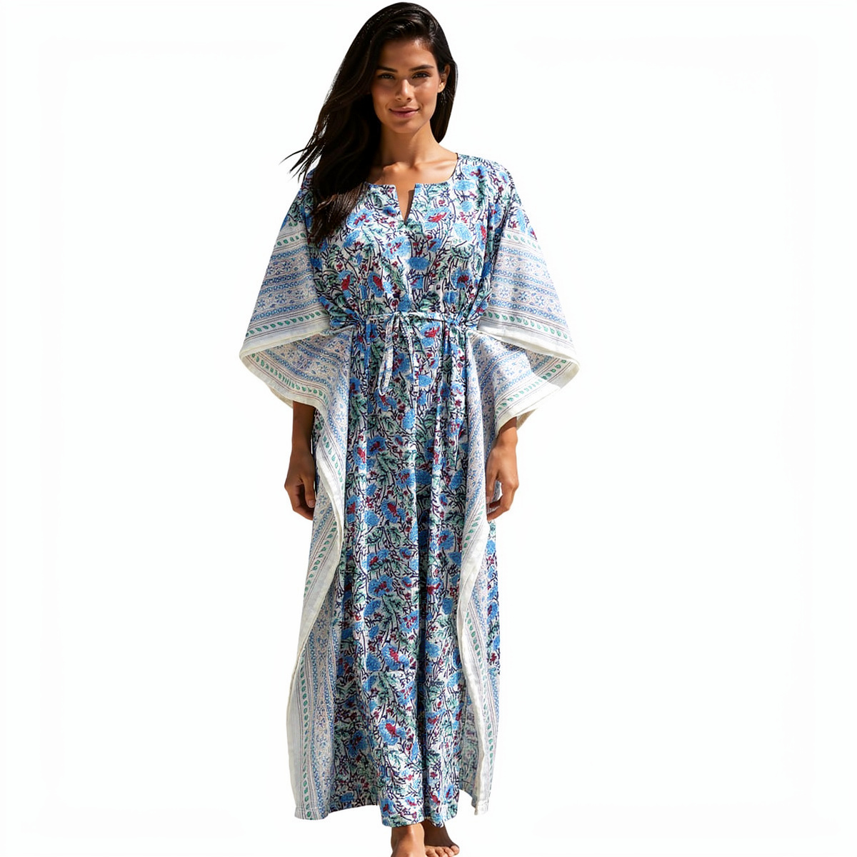 Long Size Kaftan Free Size Indian Block-Printed Loungewear in Soft Cotton Voile Bush Flower Blue Open 207709