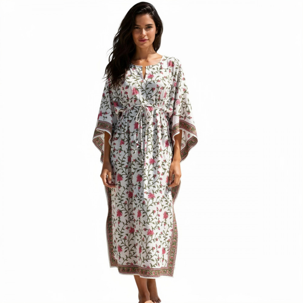 Image of Long Size Kaftan Free Size Indian Block-Printed Loungewear in Soft Cotton Voile | Floral Bale Pink 207774