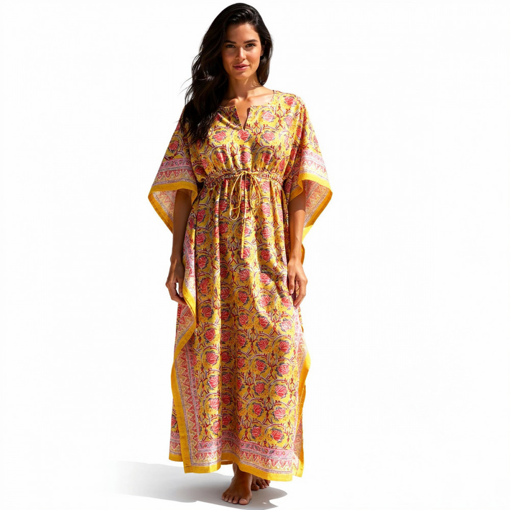 Image of Long Size Kaftan Free Size Indian Block-Printed Loungewear in Soft Cotton Voile | Frost Mustard Floral Gud 103239
