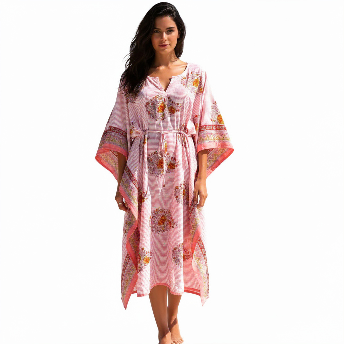 Long Size Kaftan Free Size Indian Block-Printed Loungewear in Soft Cotton Voile Frost Pink Floral Boota 202817