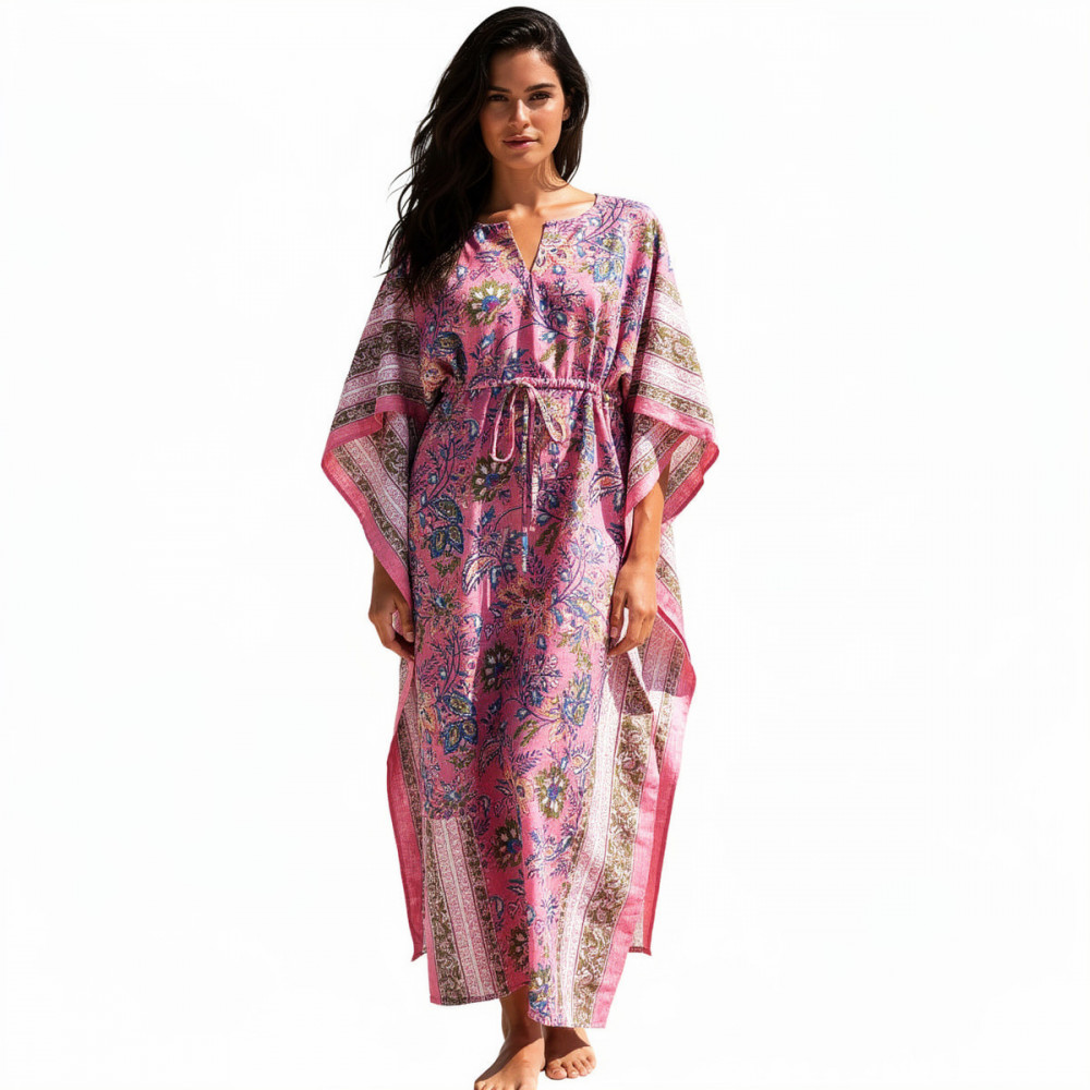 Image of Long Size Kaftan Free Size Indian Block-Printed Loungewear in Soft Cotton Voile | Misty Pink Gud 103215