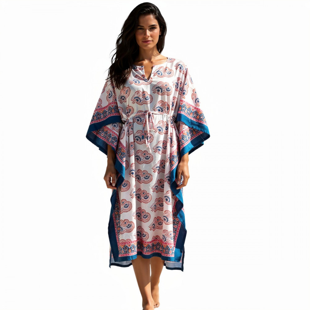 Image of Long Size Kaftan Free Size Indian Block-Printed Loungewear in Soft Cotton Voile | Kusum Gulabi Boota 205379