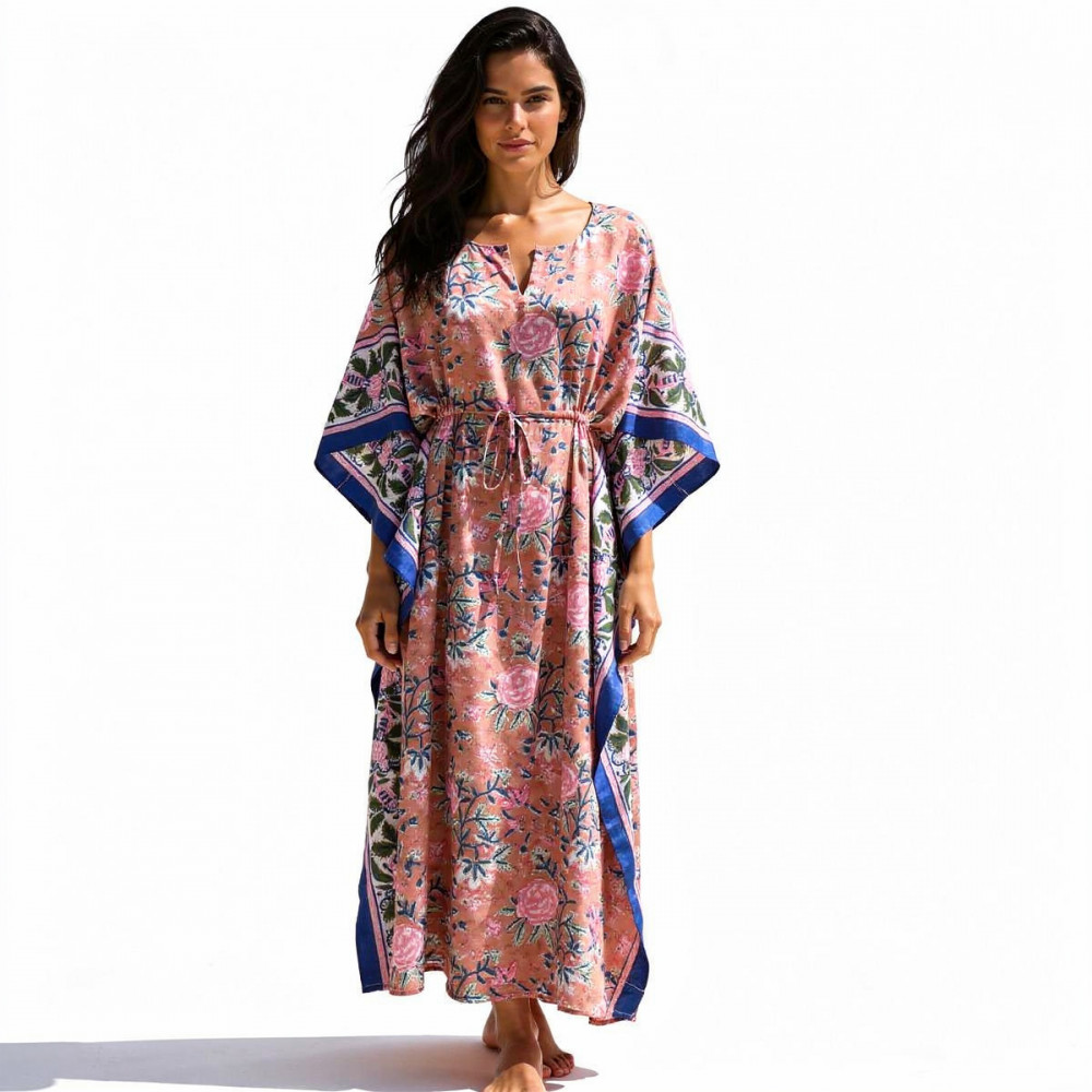 Image of Long Size Kaftan Free Size Indian Block-Printed Loungewear in Soft Cotton Voile | Misty Rose Gud 202873