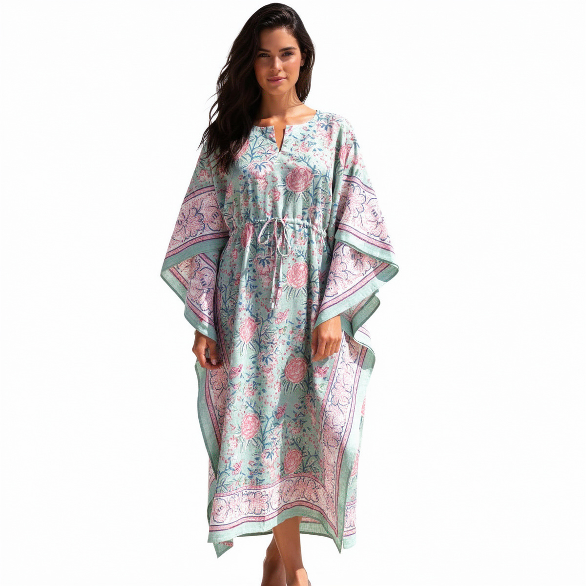 Long Size Kaftan Free Size Indian Block-Printed Loungewear in Soft Cotton Voile Naya Gulab Gud 103570