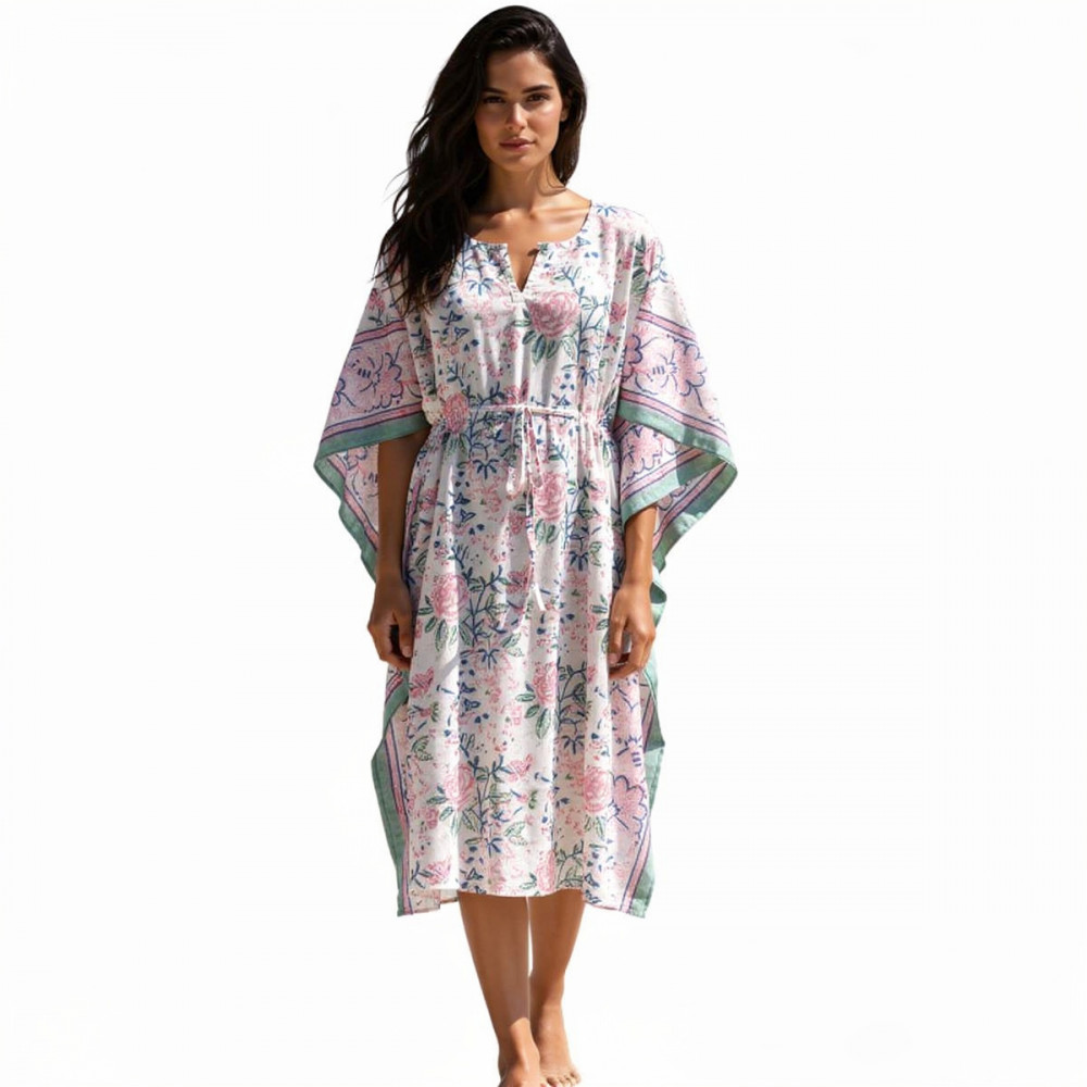 Image of Long Size Kaftan Free Size Indian Block-Printed Loungewear in Soft Cotton Voile | Naya Gulab Open 103597