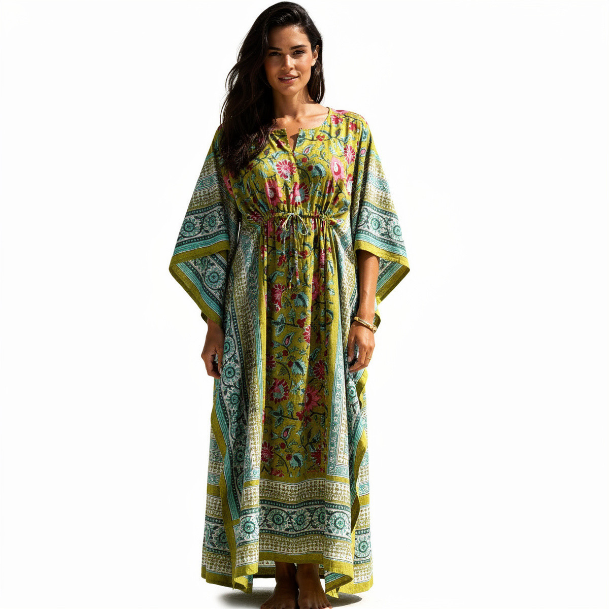Long Size Kaftan Free Size Indian Block-Printed Loungewear in Soft Cotton Voile Phuljhari Olive Gud 103487