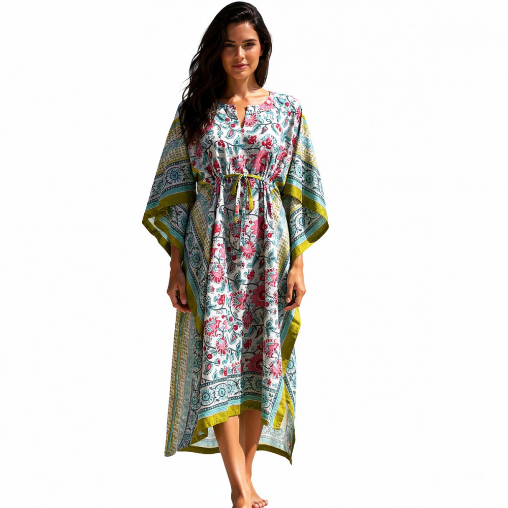 Image of Long Size Kaftan Free Size Indian Block-Printed Loungewear in Soft Cotton Voile | Phuljhari Olive Open 208471